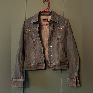 Bubblegum dark denim women’s jean jacket.